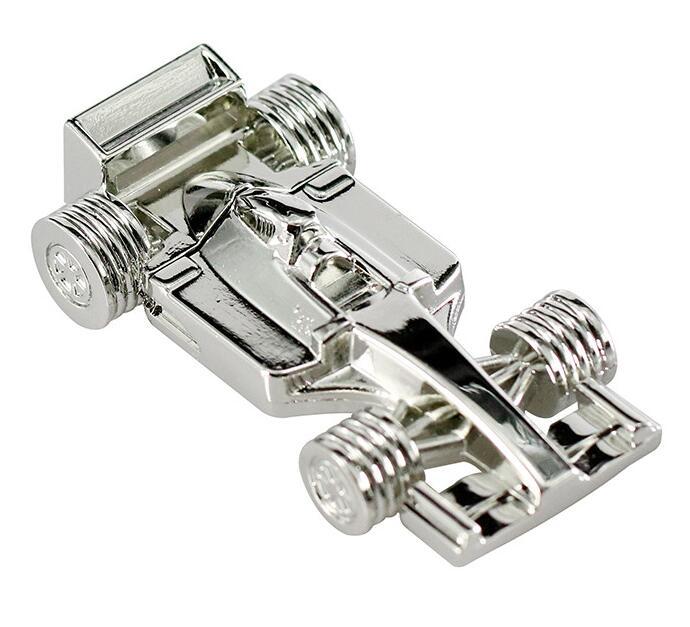 A silver USB flash drive designed to resemble a drag-race car.