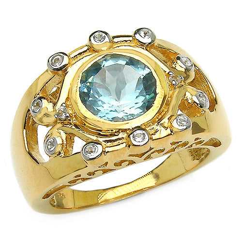 Anillo de plata de ley .925 con topacio azul genuino de 3.42 quilates y topacio blanco, chapado en oro amarillo de 14K