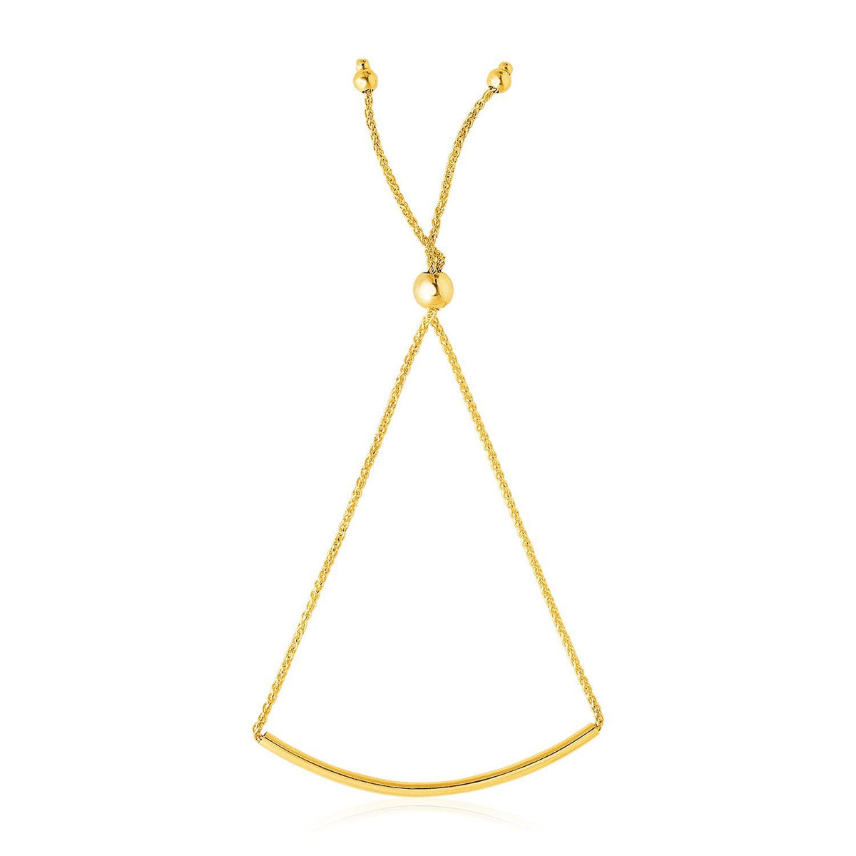 Pulsera de diseño lariat con barra curva lisa de oro amarillo de 14k