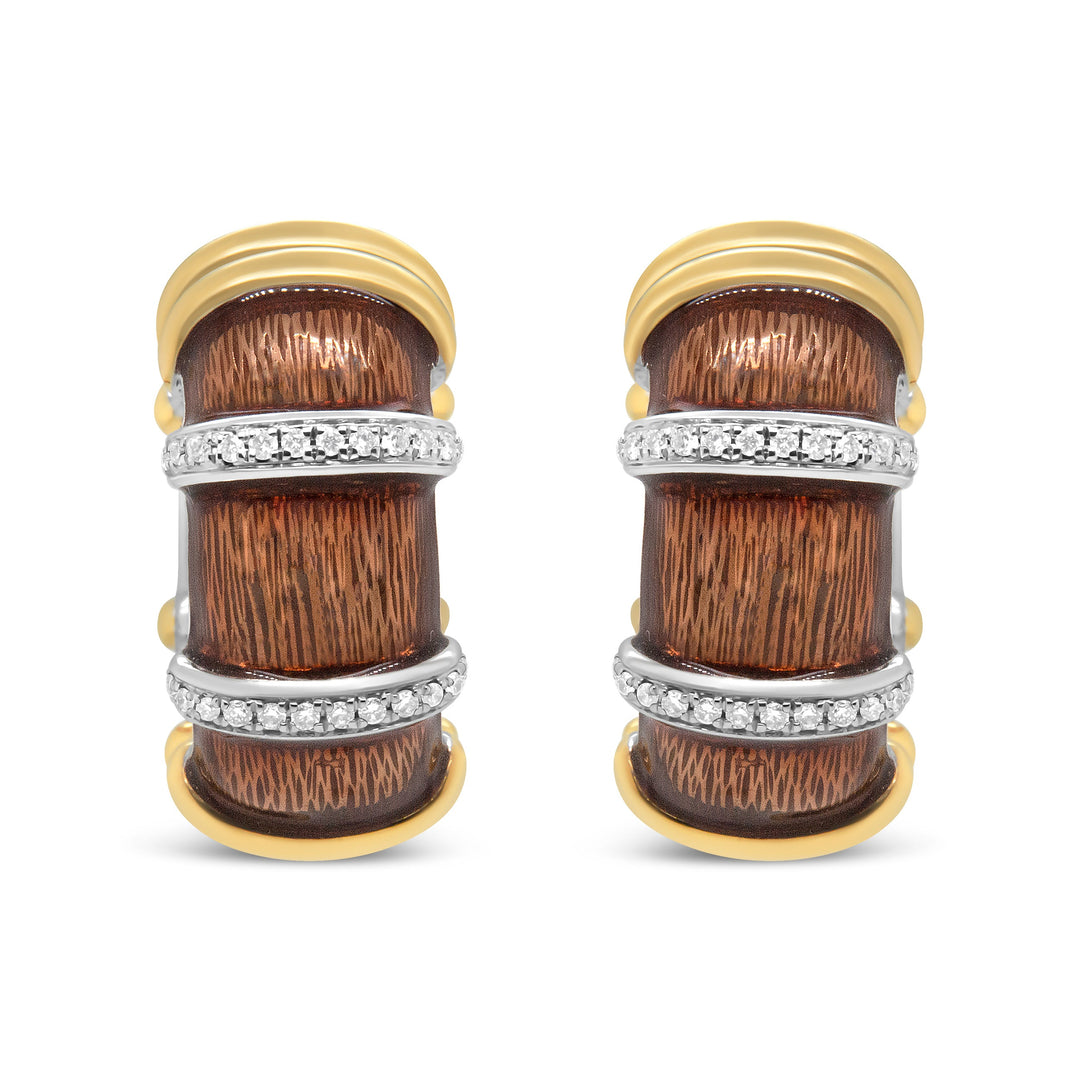 18K Yellow and White Gold Flash Plated .925 Sterling Silver Clear Brown Enamel 9/10 Cttw Round Diamonds Huggie Hoop Earrings (F-G Color, VS1-VS2 Clarity)