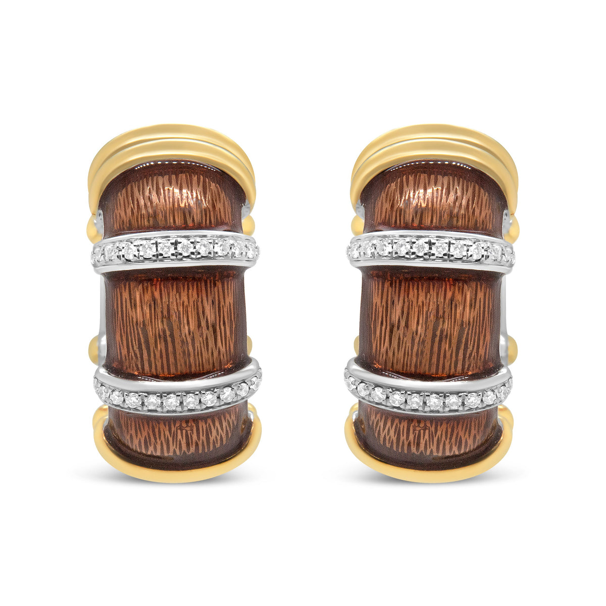 Pendientes de aro Huggie de plata de ley .925 con baño de oro amarillo y blanco de 18 quilates, esmalte marrón transparente y diamantes redondos de 9/10 Cttw (color F-G, claridad VS1-VS2)