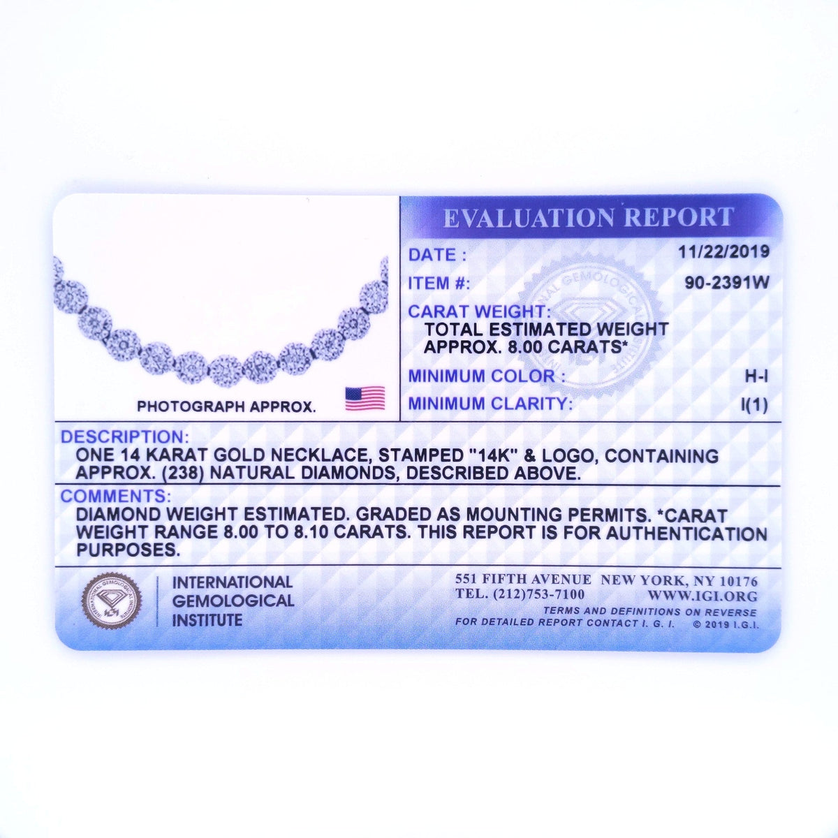 Collar llamativo Riviera Graduado de Oro Blanco de 14K con Diamantes Redondos Engastados en Pavé de 8.0 Cttw Certificado por IGI (Color H-I, Claridad I1)
