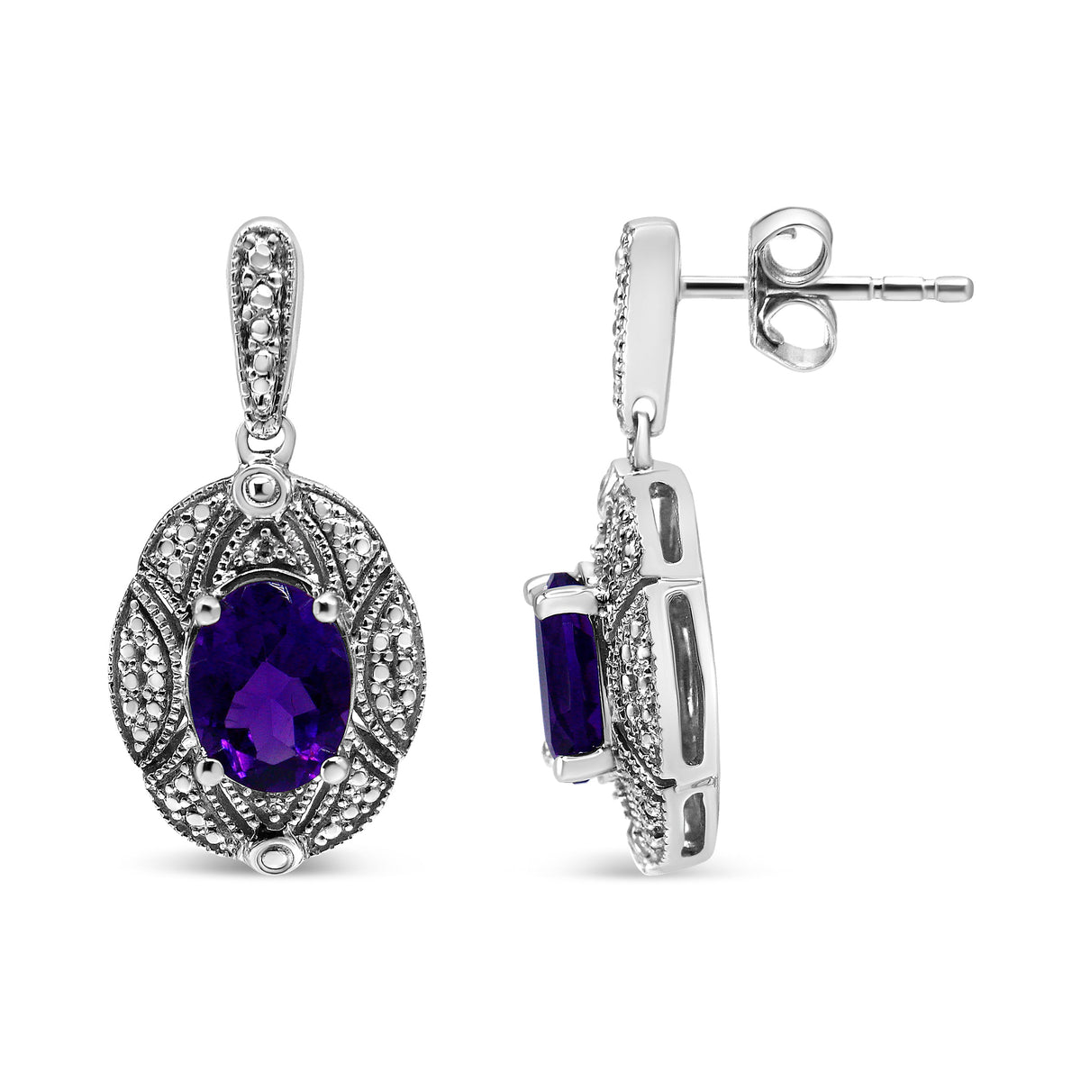 Pendientes de botón de plata de ley .925 con acento de diamante y amatista ovalada púrpura de 8x6mm (color I-J, claridad I1-I2)