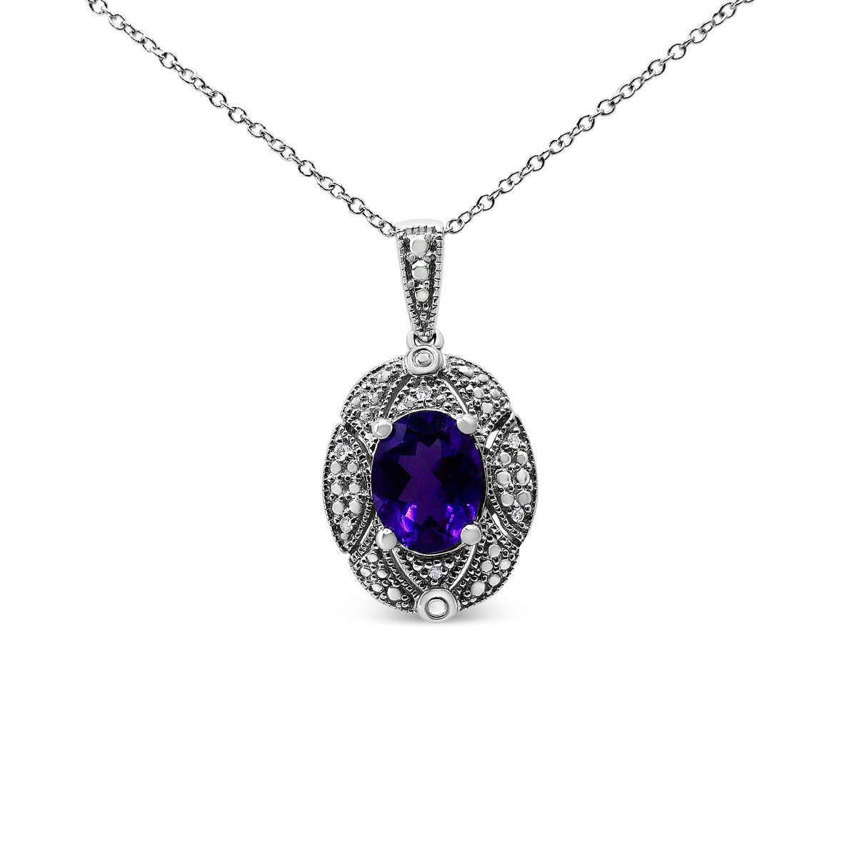 Collar de 45,72 cm con colgante de plata de ley .925, acentos de diamante y amatista ovalada púrpura de 9x7mm (color I-J, claridad I1-I2)