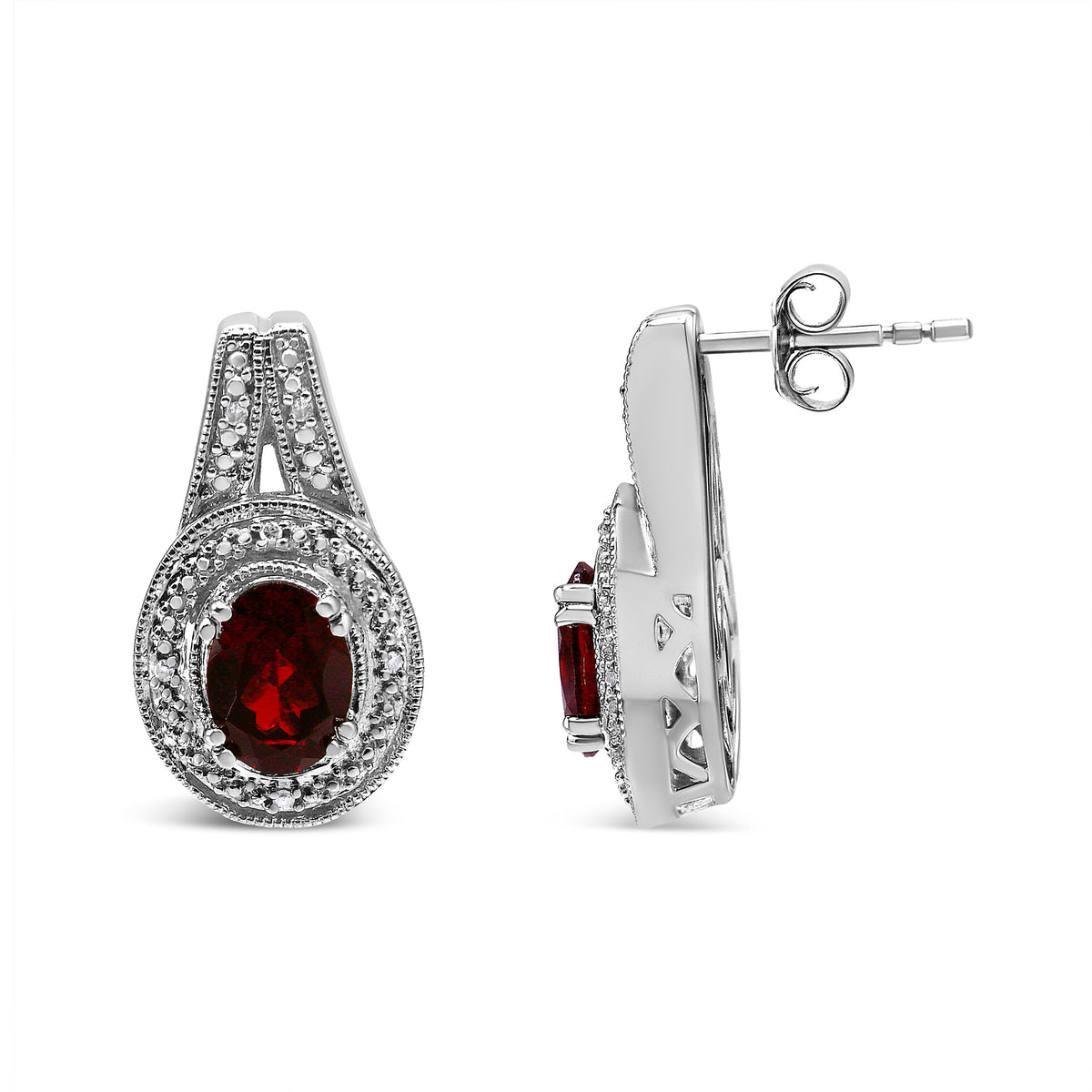 Pendientes de Plata Fina de .925 con Acentos de Diamante y Granate Rojo Ovalado de 8x6mm (Color I-J, Claridad I1-I2)