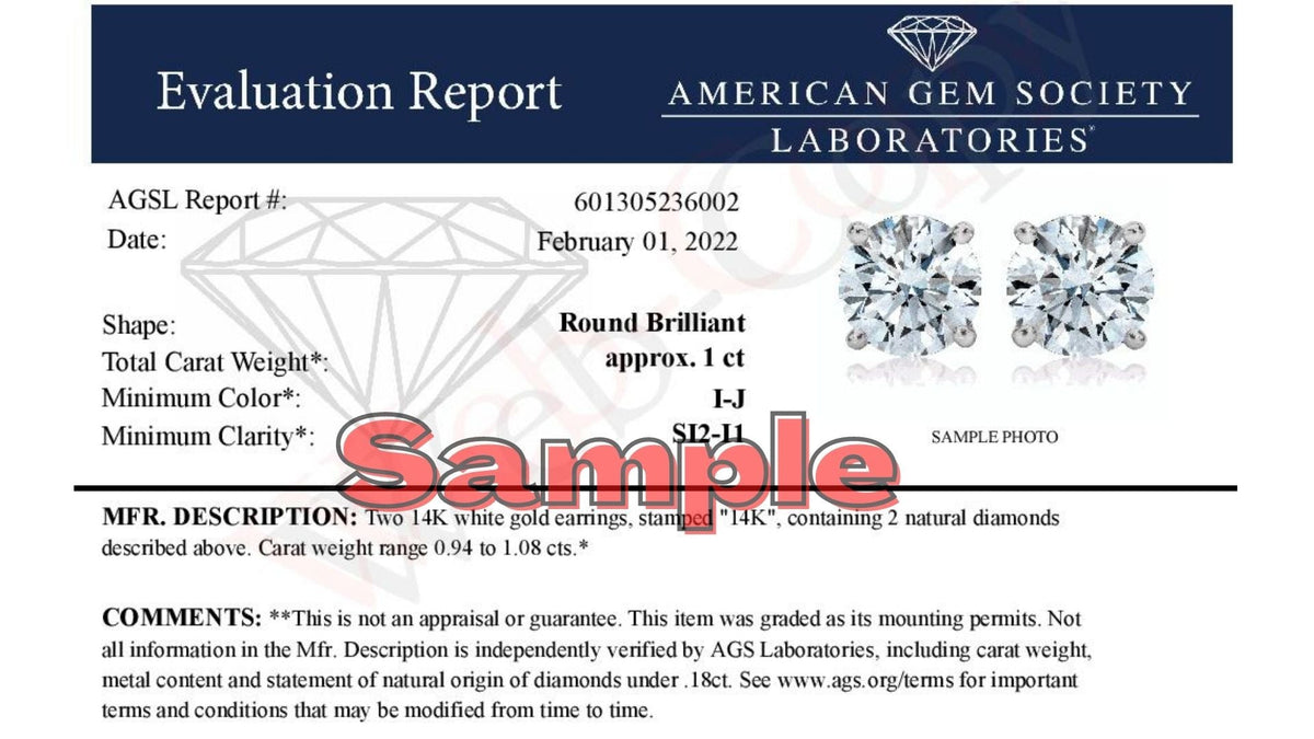 Aretes tipo stud de oro blanco de 14 quilates con certificación AGS, 1,0 Cttw, diamantes solitarios redondos brillantes con engaste de 4 puntas y cierre de presión (color H-I, claridad SI2-I1)
