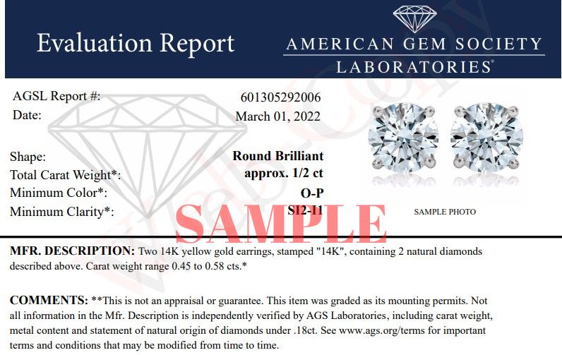 Pendientes solitario de diamante brillante redondo con certificado AGS de oro amarillo de 14K y 0,50 quilates con cierre de presión (color O-P, claridad SI2-I1)