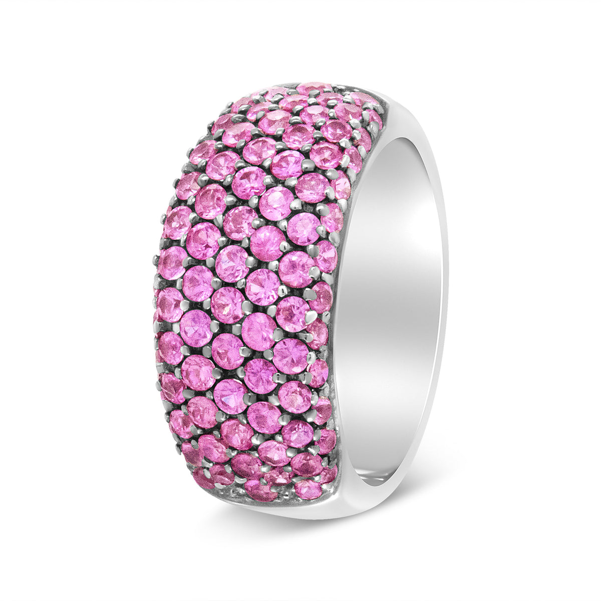 Anillo clásico de zafiro rosa multihilera en oro blanco de 18K y rodio negro - Talla de anillo 6.5