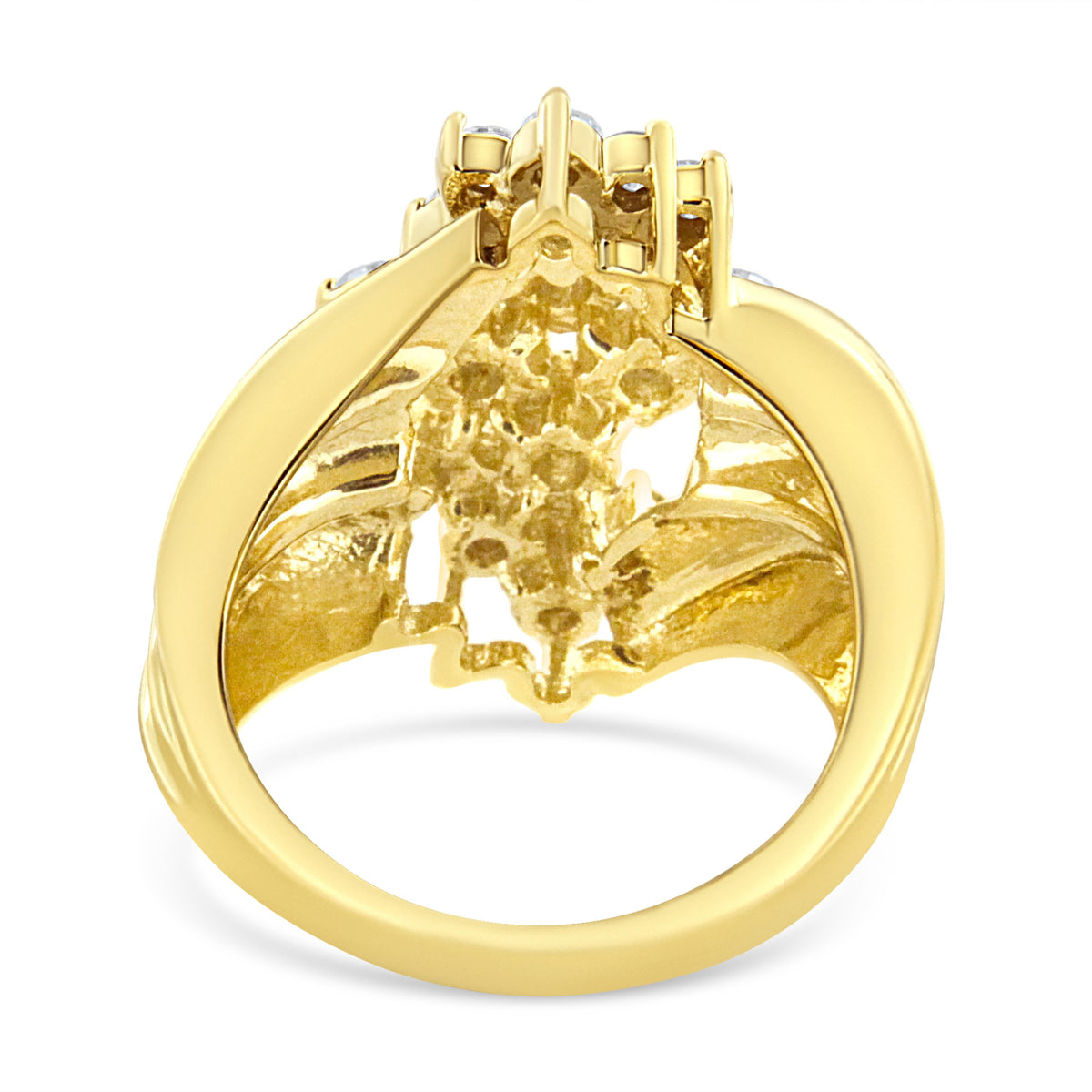 Anillo de cóctel en oro amarillo de 10K con racimo de diamantes de 1 1/2 Cttw y vástago cónico (color I-J, claridad I1-I2) - Talla 7