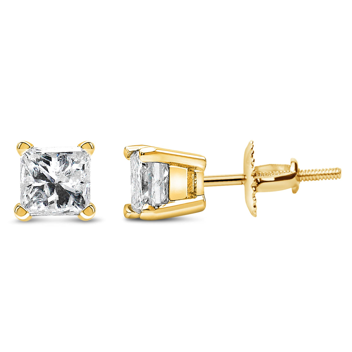 Pendientes de solitario con diamante de corte princesa de oro amarillo de 14K y 1/2 quilate con cierres de rosca (color I-J, claridad SI2-I1)