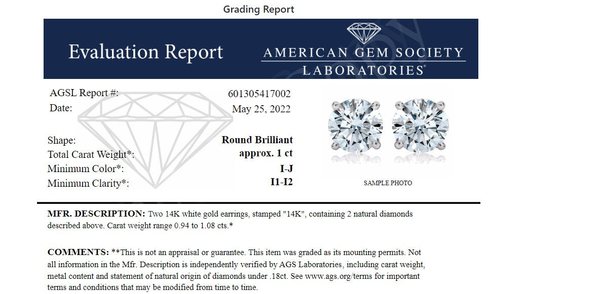Pendientes de tuerca de oro blanco de 14 quilates con 1,0 quilates de diamante solitario redondo brillante de 4 puntas AGS Certified (Color I-J, Claridad I1-I2)