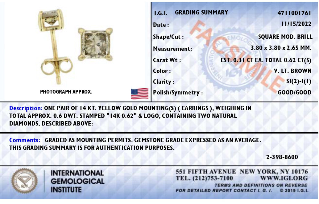 Pendientes de tuerca de oro amarillo de 14K con diamantes naturales marrones de corte princesa de 5/8 Cttw y 4 puntas (color marrón, claridad SI2-I1)