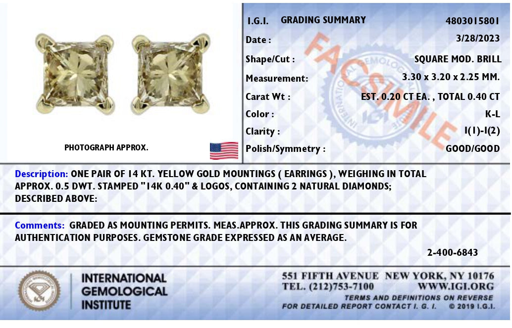 Pendientes de solitario con diamantes de corte princesa de 3/8 Cttw certificados por IGI, montura de 4 puntas, en oro amarillo de 14K (color K-L, claridad I1-I2)