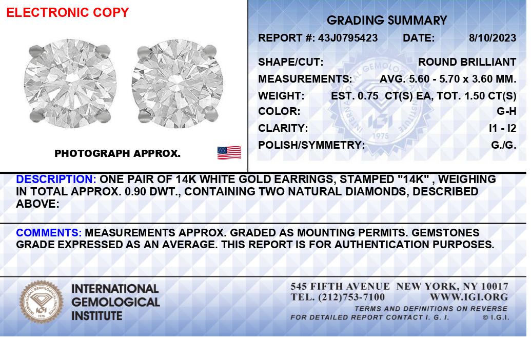 Pendientes solitario de oro blanco de 14K con diamantes redondos de 1 1/2 quilates en total con parte posterior de rosca, certificados por IGI (color G-H, claridad I1-I2)