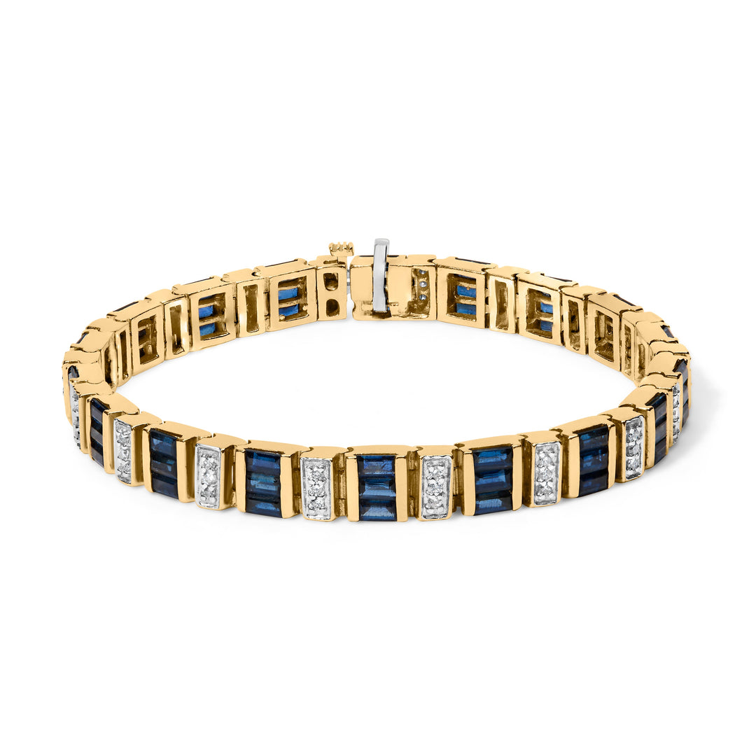 Pulsera de eslabones alternos de oro amarillo de 14 quilates con diamantes de 2/5 Cttw y zafiros azules talla baguette de 8.0 Cttw (color G-H, claridad VS1-VS2) - 7 pulgadas