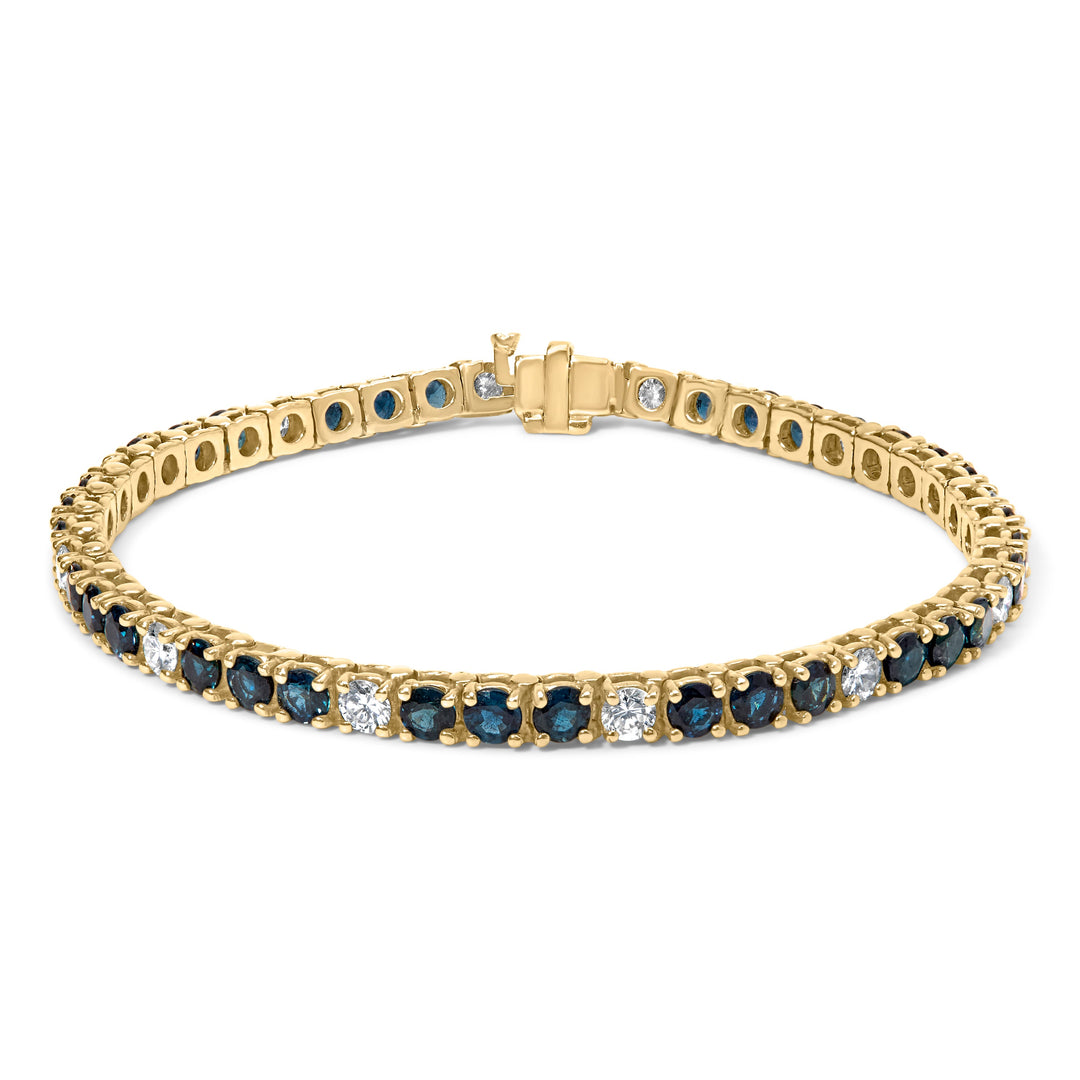 Pulsera de tenis de oro amarillo de 18 quilates con alternancia de diamantes de 1 1/5 Cttw y zafiros azules de 3x3 mm (color G-H, claridad VS1-VS2) - 7 pulgadas