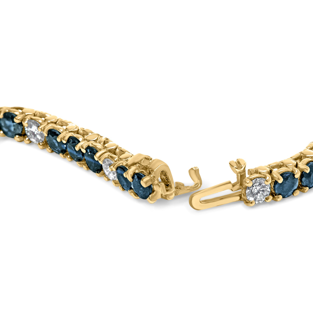 Pulsera de tenis de oro amarillo de 18 quilates con alternancia de diamantes de 1 1/5 Cttw y zafiros azules de 3x3 mm (color G-H, claridad VS1-VS2) - 7 pulgadas