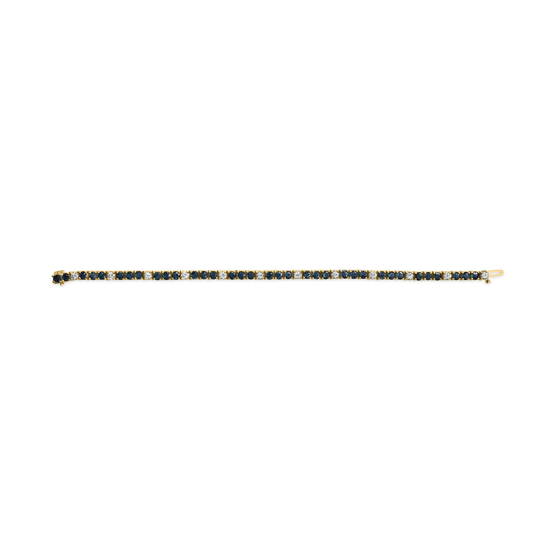 Pulsera de tenis de oro amarillo de 18 quilates con alternancia de diamantes de 1 1/5 Cttw y zafiros azules de 3x3 mm (color G-H, claridad VS1-VS2) - 7 pulgadas