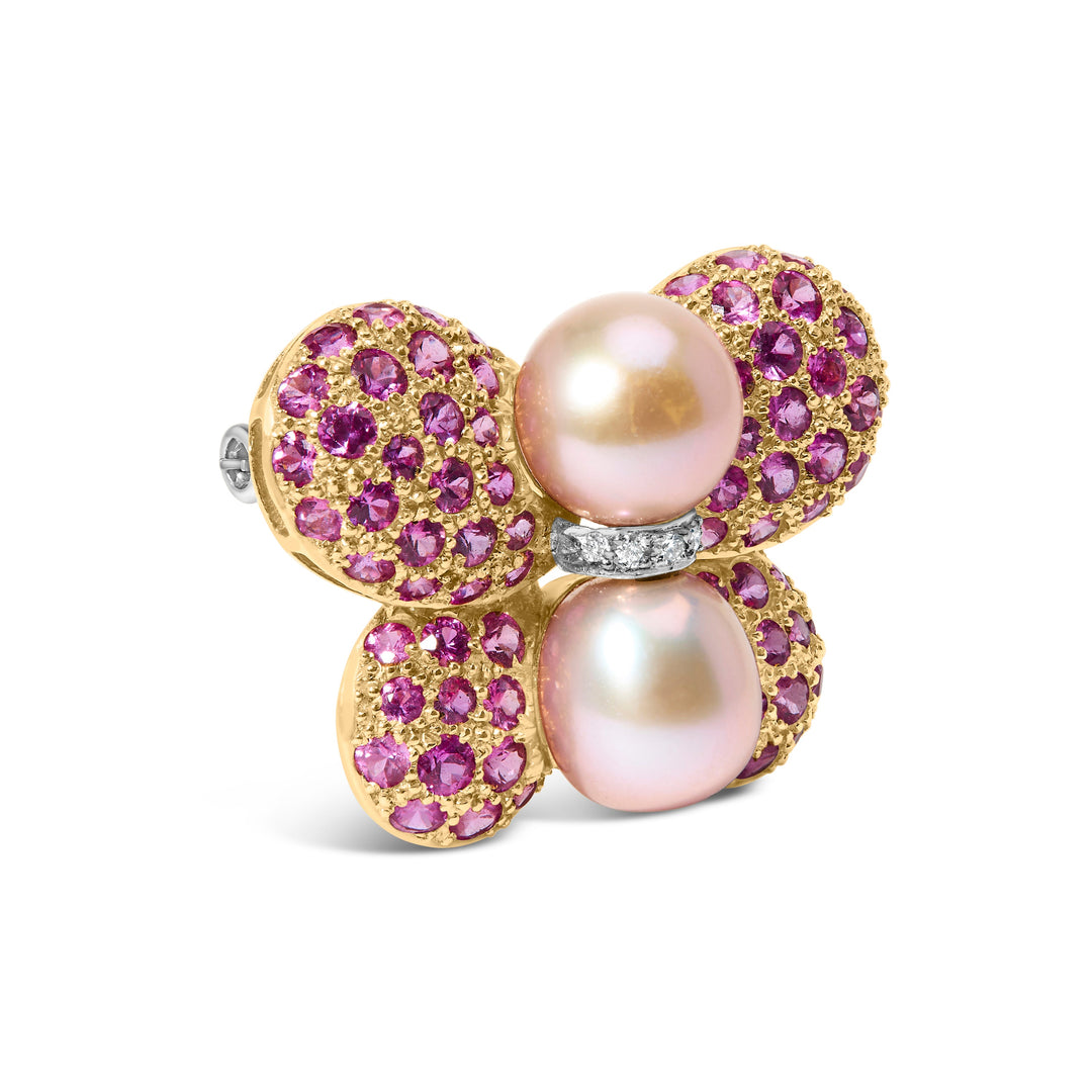 Broche de oro blanco y amarillo de 18 quilates, mariposa de perla de los Mares del Sur de 9 mm y zafiro rosa con detalles de diamantes (color F-G, claridad VS1-VS2)