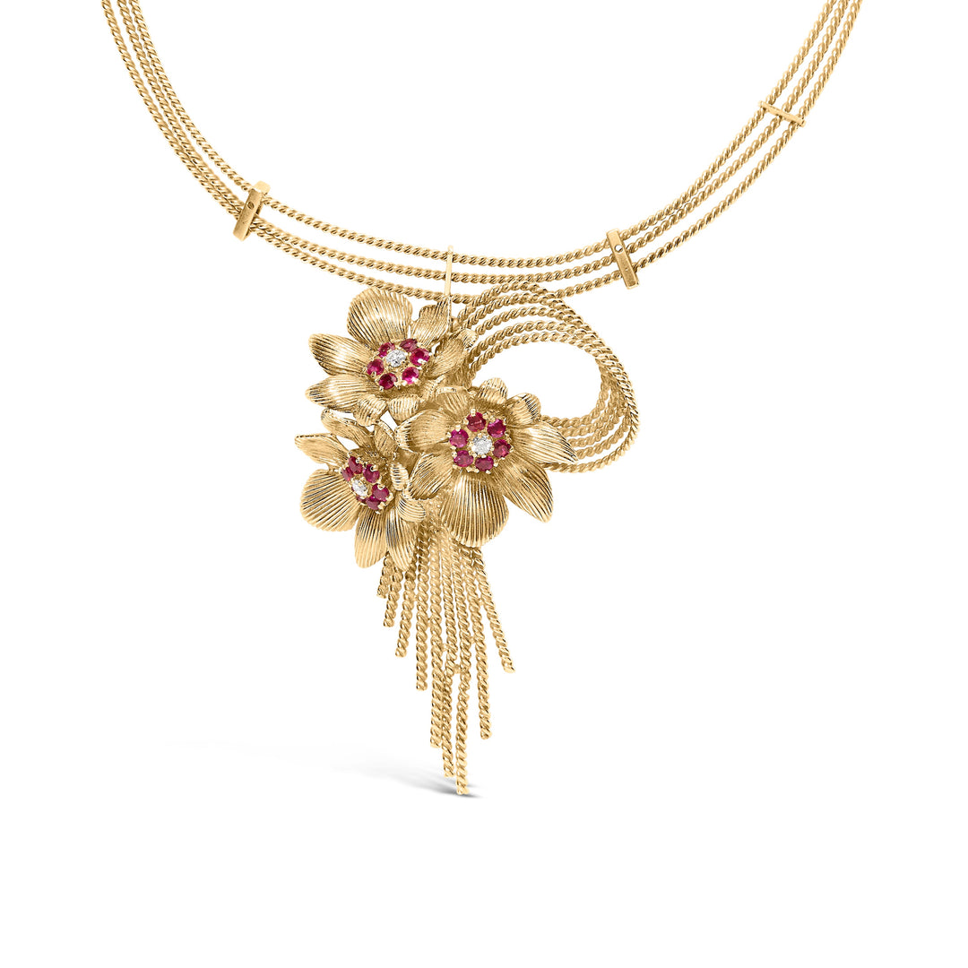 Collar llamativo en cascada floral con diamantes y rubíes rojos en oro amarillo de 18K con cadena de cuentas de 16 pulgadas (color F-G, claridad VS1-VS2)