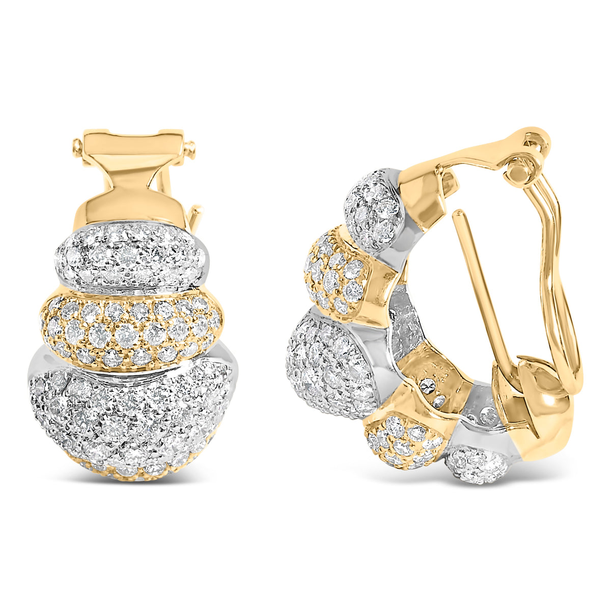 Pendientes de botón abombados de oro bicolor de 18K con diamantes de 5.00 Cttw de tres niveles y cierre Omega (color G-H, claridad VS2-SI1) - imagen 3 de 3