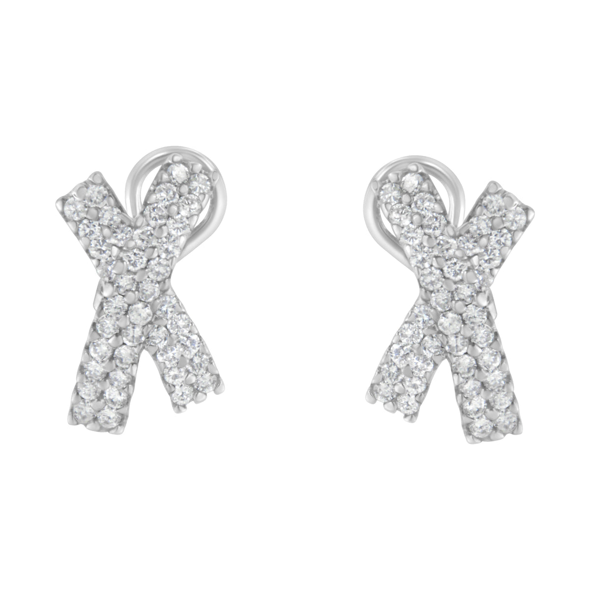 Pendientes de tuerca con respaldo omega con forma de X abovedada de oro blanco de 14 quilates con diamantes de talla brillante redonda de 2,0 quilates en total (color H-I, claridad I1-I2)
