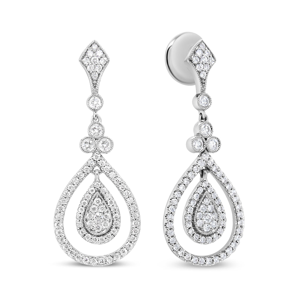 Pendientes colgantes con forma de lágrima calada de oro blanco de 18K con diamantes redondos de 1,25 qt (Color F-G, Claridad VS1-VS2)