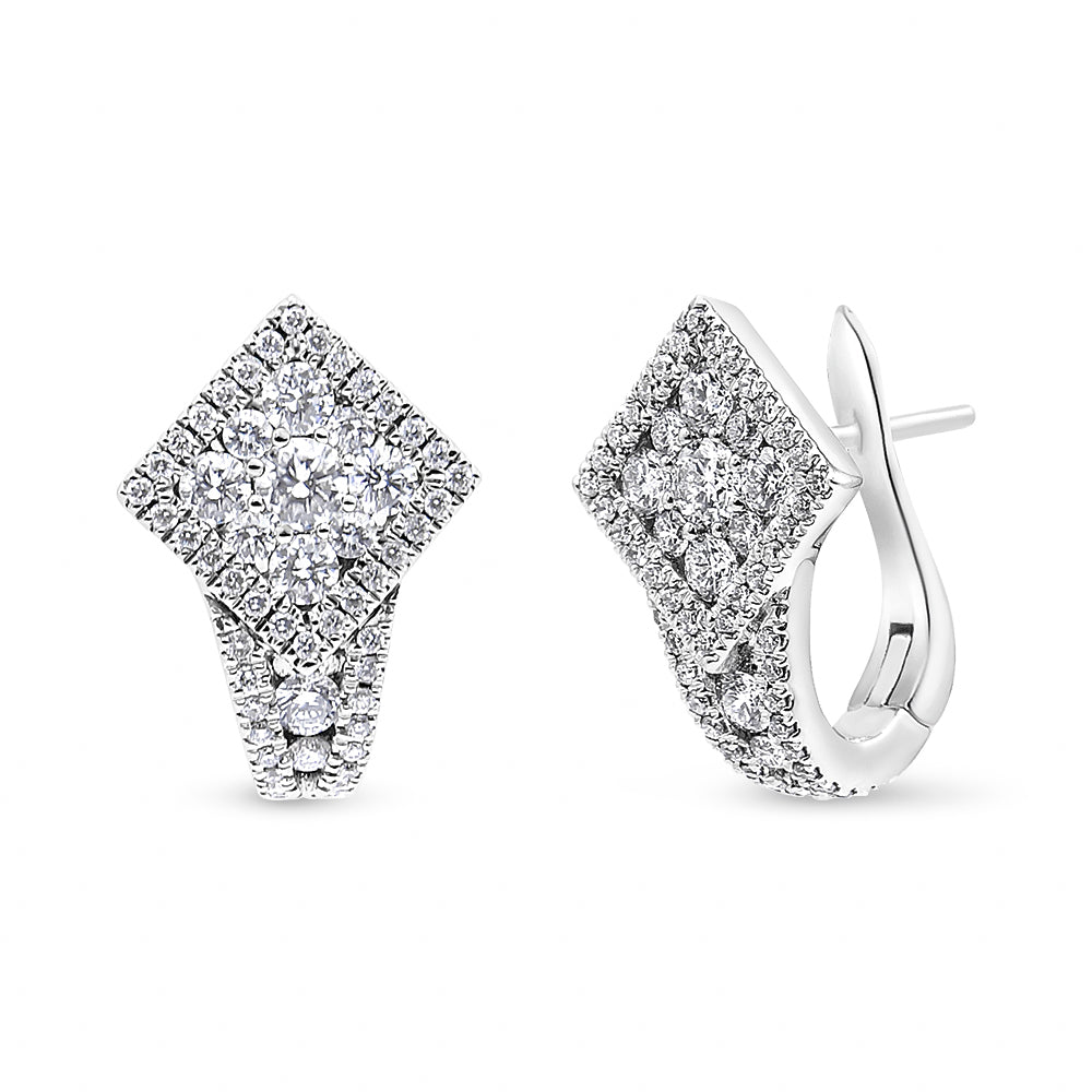 Pendientes de aro Huggie de oro blanco de 18 quilates con racimo de diamantes redondos de 1 1/10 Cttw y halo (color F-G, claridad VS1-VS2)