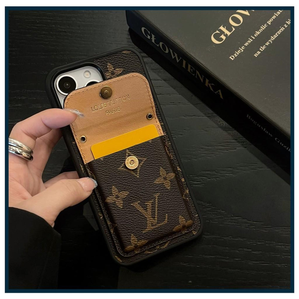 Estuche tipo billetera para teléfono con tarjeta premium y herrajes dorados – Inspirado en diseñador