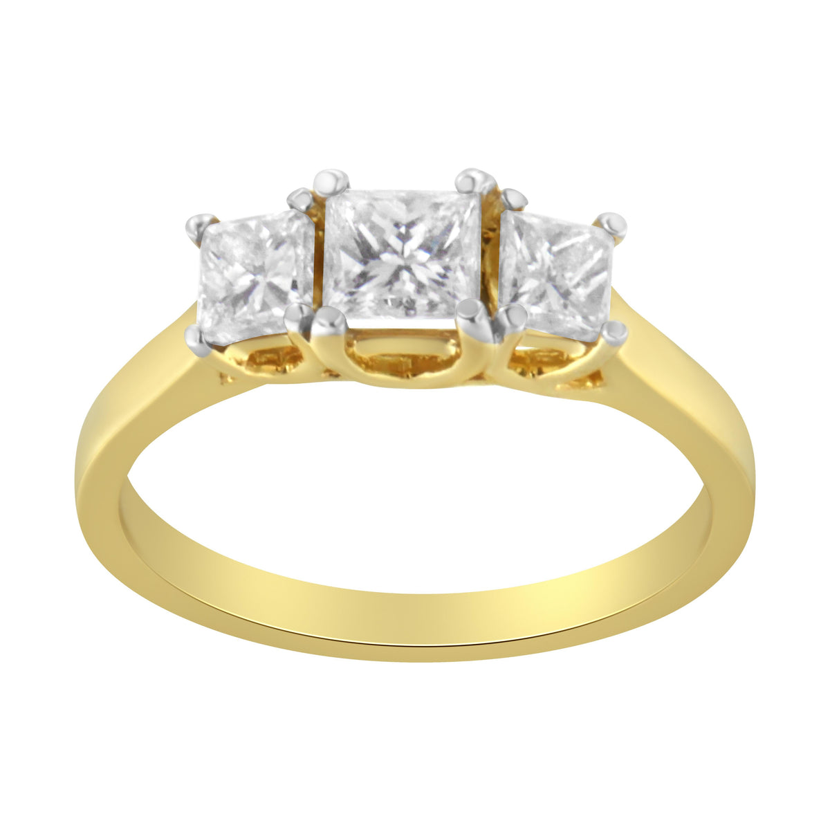 Anillo de oro amarillo de 10 qt con diamantes de talla princesa de tres piedras (1 quilate total, color J-K, claridad I1-I2) - Talla 6
