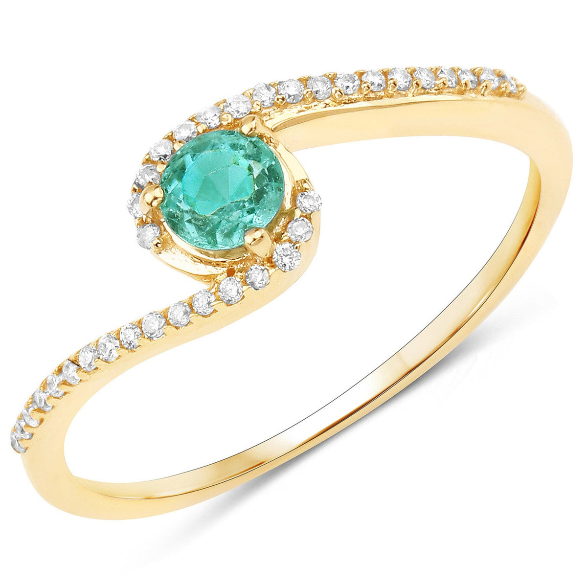 Anillo de oro amarillo de 14 quilates con esmeralda zambiana auténtica de 0,33 quilates y diamantes blancos