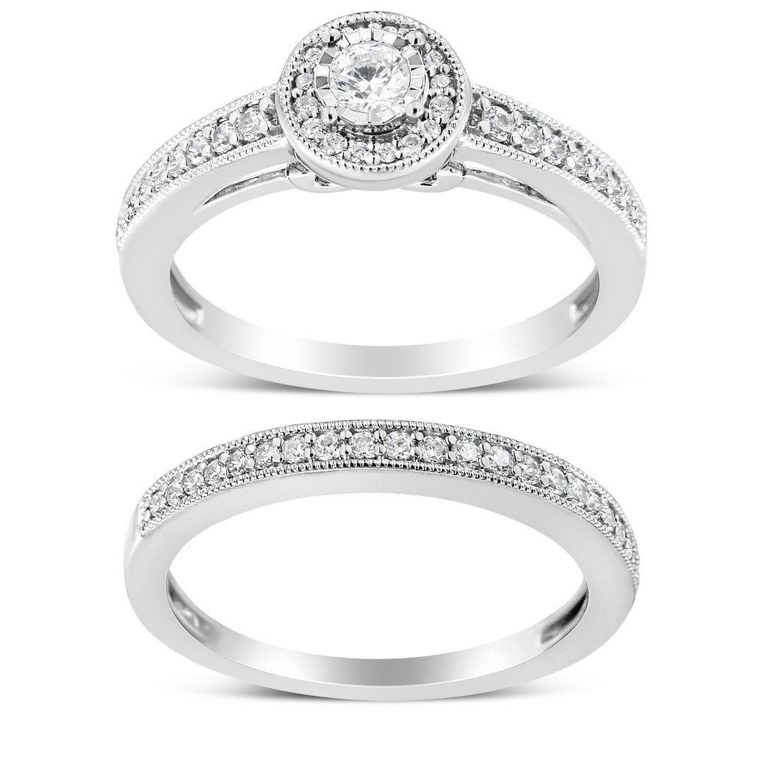 Anillo de compromiso de plata de ley .925 de 1/2 quilate con halo de diamantes y filigrana (color I-J, claridad I3) - Talla 7