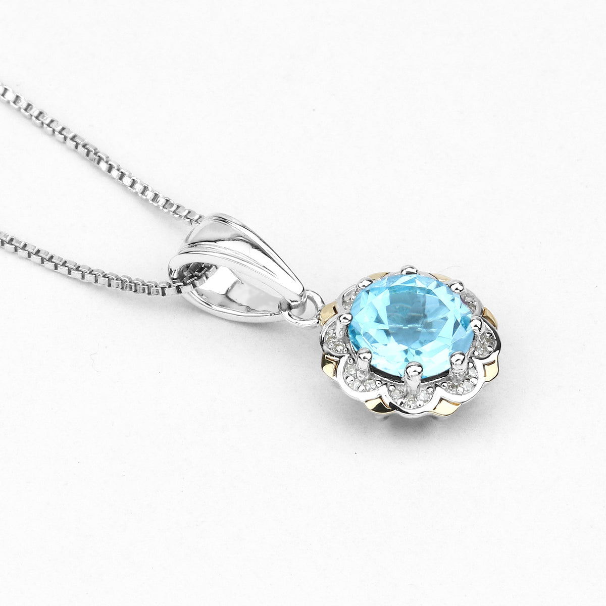 Colgante de oro amarillo de 14 quilates con topacio azul suizo auténtico de 2,32 quilates y diamantes blancos, con plata de ley .925