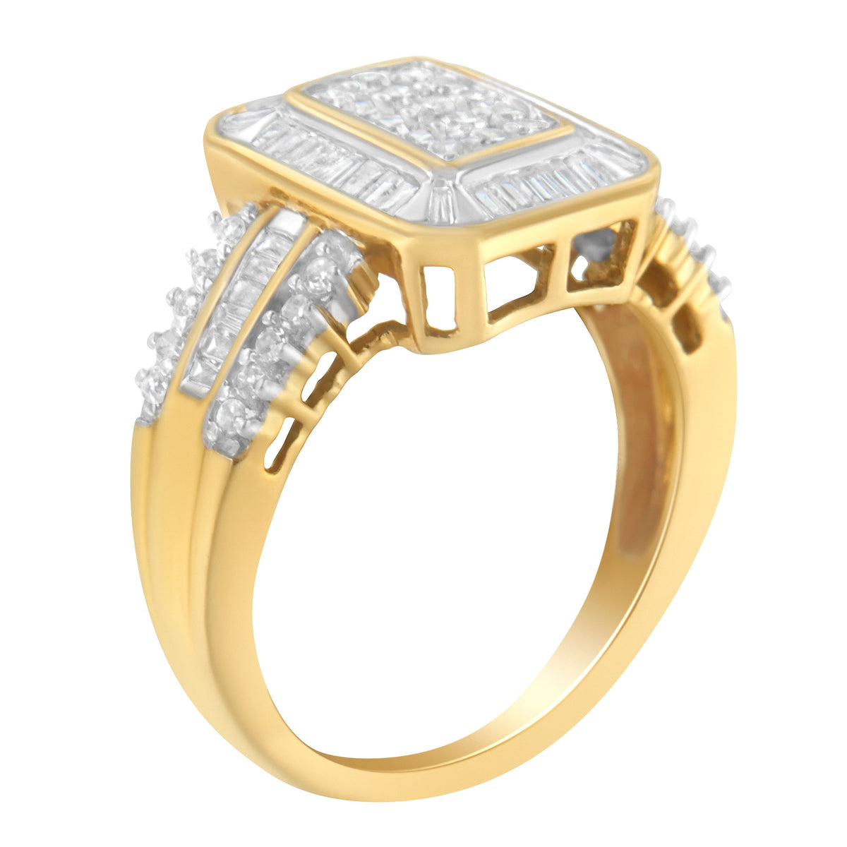 Anillo de oro amarillo de 10 quilates con diamantes redondos y talla baguette (1,0 quilates totales, color I-J, claridad SI1-SI2) - Talla 7