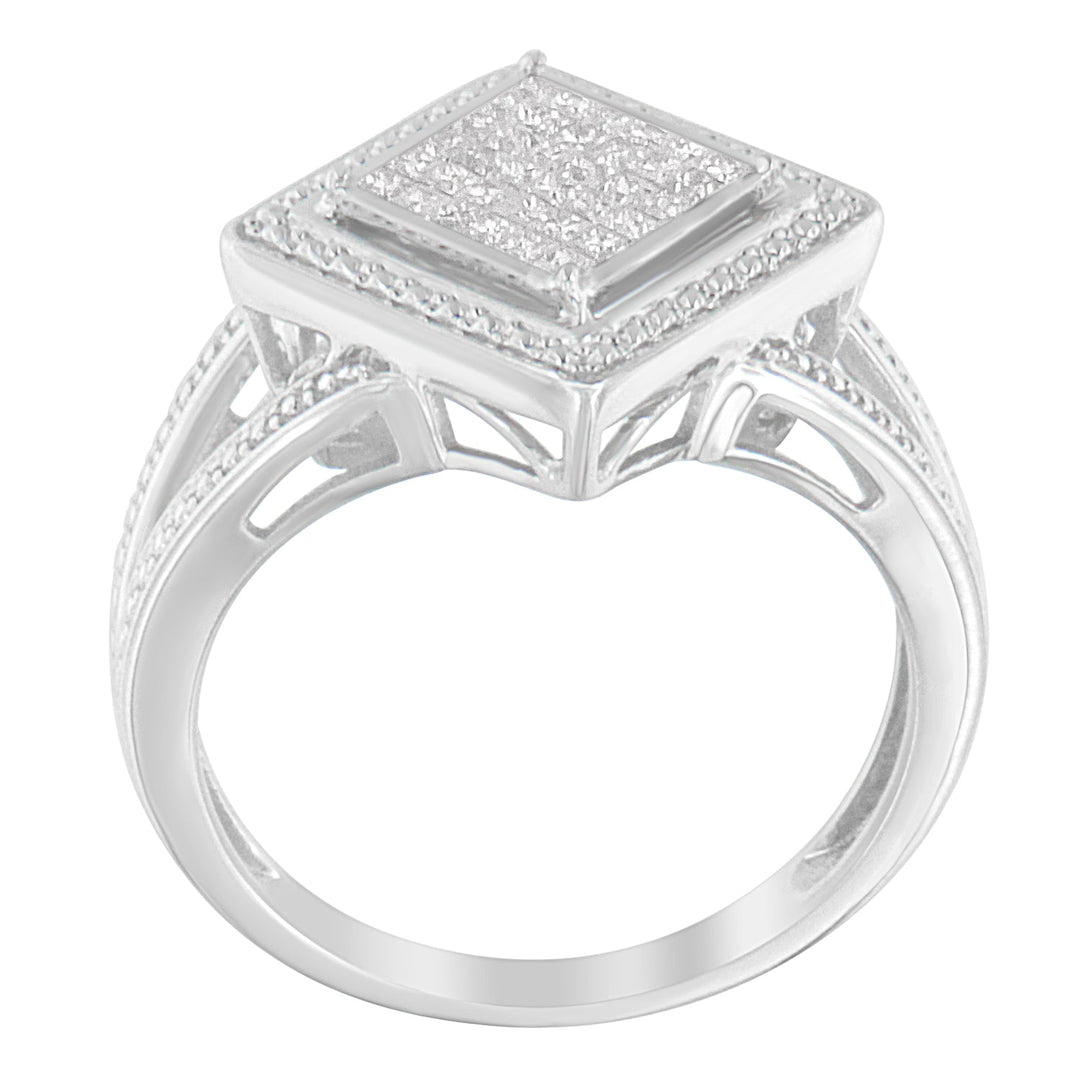 .925 Sterling Silver 1/3 Cttw Invisible Set Princess-Cut Diamond Rhombus and Beaded Halo Ring (H-I Color, SI1-SI2 Clarity) - Ring Size 7