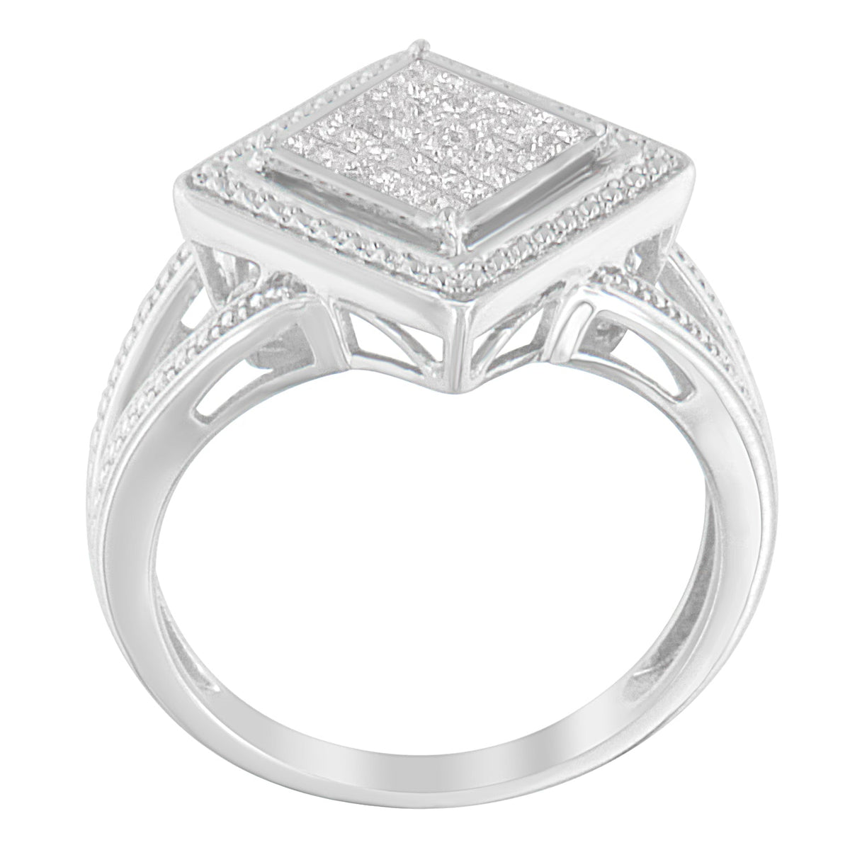 Anillo de plata de ley .925 con 1/3 Cttw de diamante de talla princesa en engaste invisible con rombo y halo de cuentas (color H-I, claridad SI1-SI2) - Talla de anillo 7