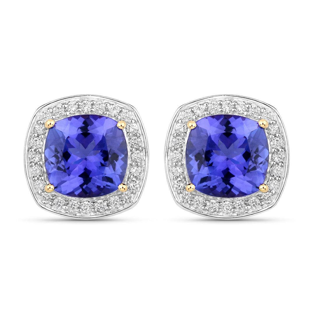 5.98 Carat Genuine Tanzanite and White Diamond 14K Yellow Gold Earrings