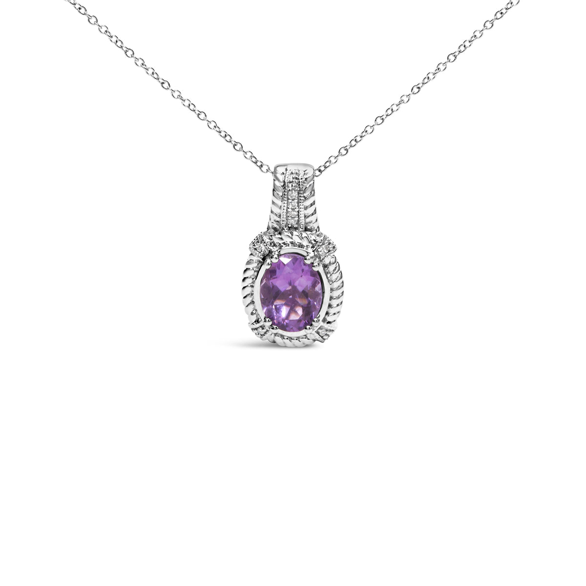 Colgante de gota de moda de plata de ley .925 con amatista morada ovalada de 9x7 mm y acentos de diamantes redondos, collar de 18 pulgadas (color I-J, claridad I1-I2)