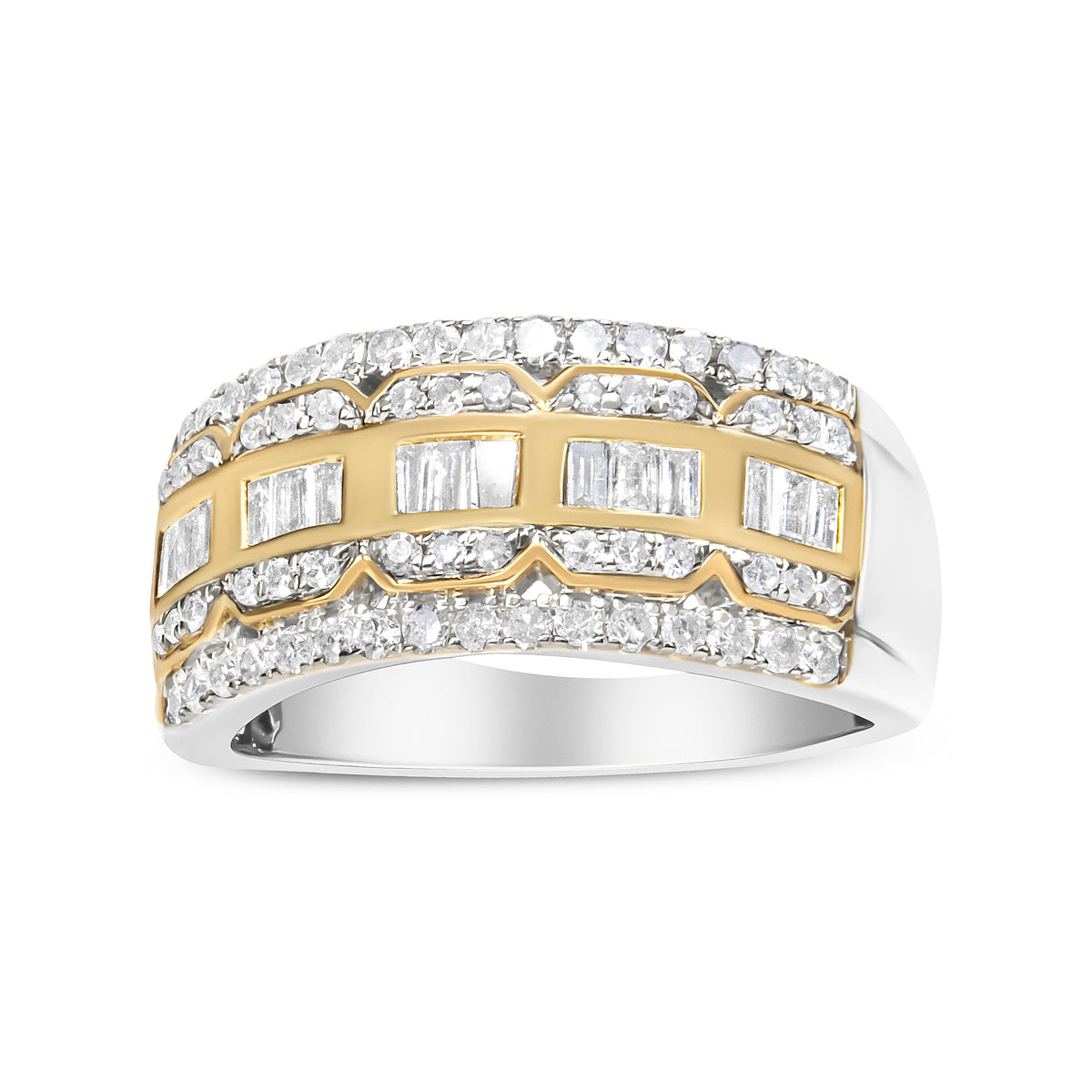 Anillo de oro blanco y amarillo de 10K con diamantes baguette y de talla redonda de 1,00 quilates, estilo Art Déco, multihilera (color I-J, claridad I1-I2) - Talla 7