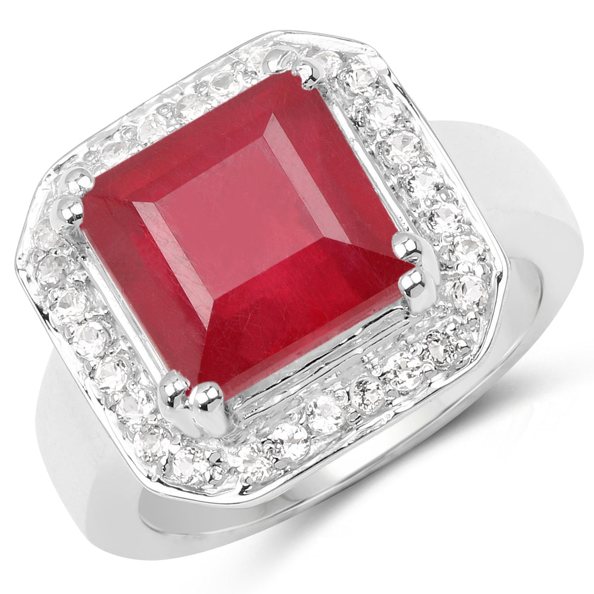 Anillo de Plata de ley .925 con Rubí relleno de cristal de 6.36 quilates y Topacio blanco