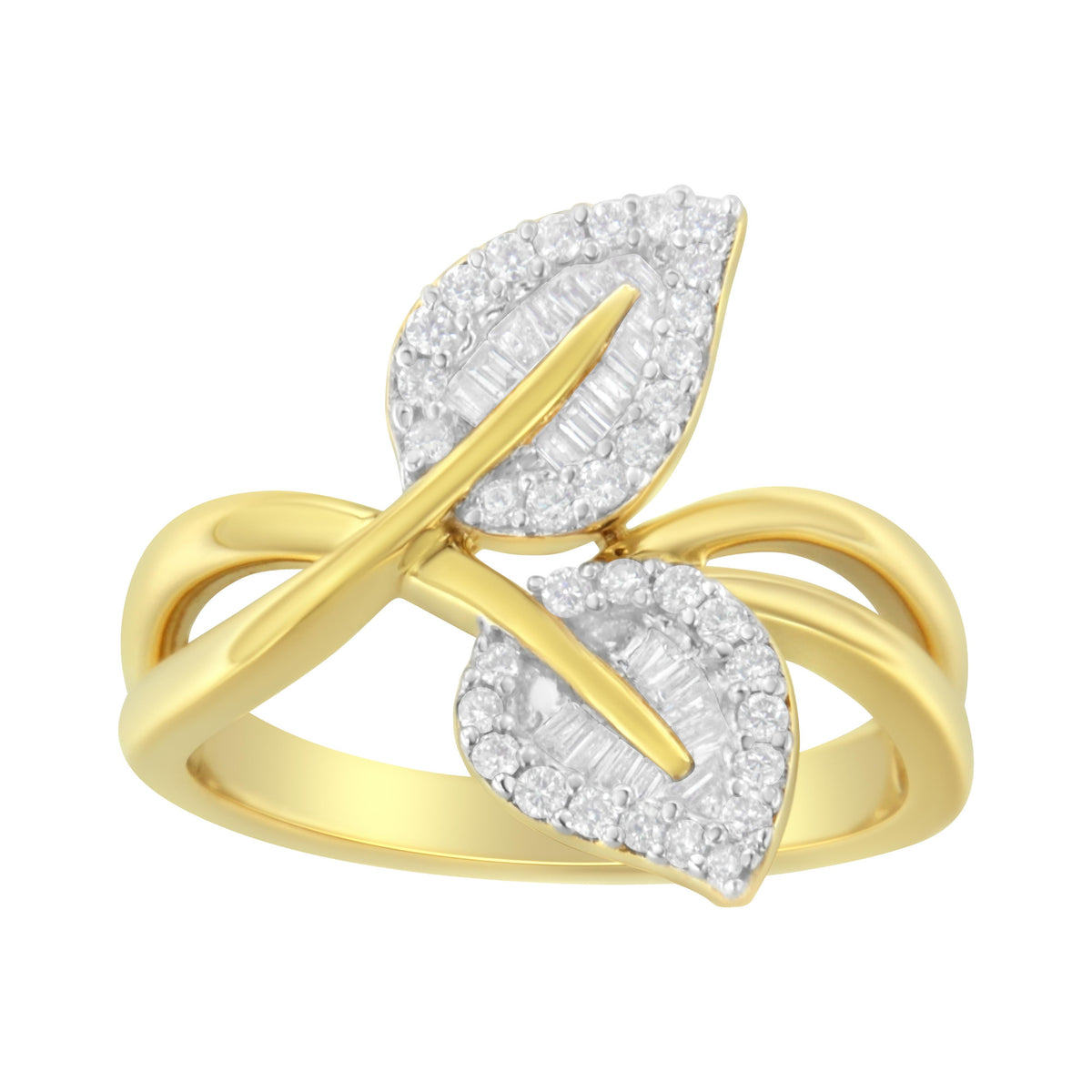 Anillo de cóctel de oro amarillo de 10 qt con diamantes redondos y talla baguette de 3/8 qt en forma de hoja - Talla 7 (color I-J, claridad I1-I2)