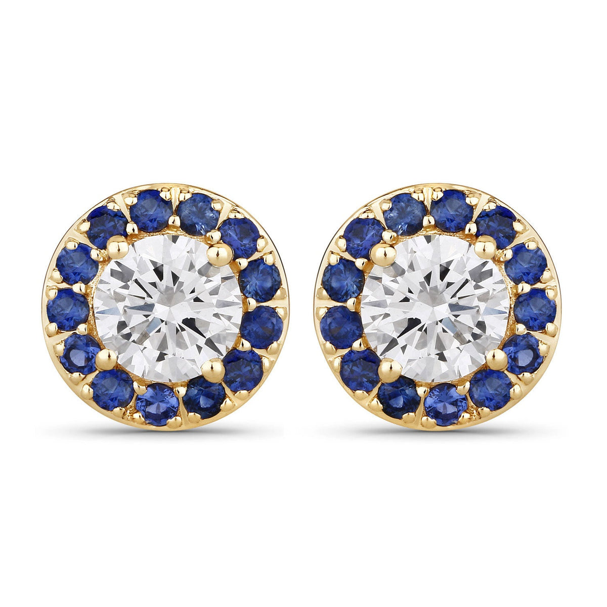 Pendientes de oro amarillo de 14 quilates con zafiro azul natural de 1.52 quilates y diamantes creados en laboratorio