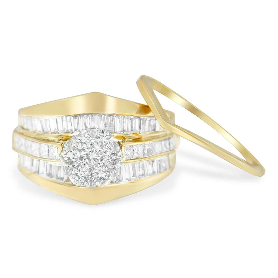 Anillo de compromiso y alianza de boda de oro amarillo de 14 quilates con diamantes de 2-1/3 quilates en engaste de racimo en forma de espiga (Color H-I, Claridad SI1-SI2) - Talla 5