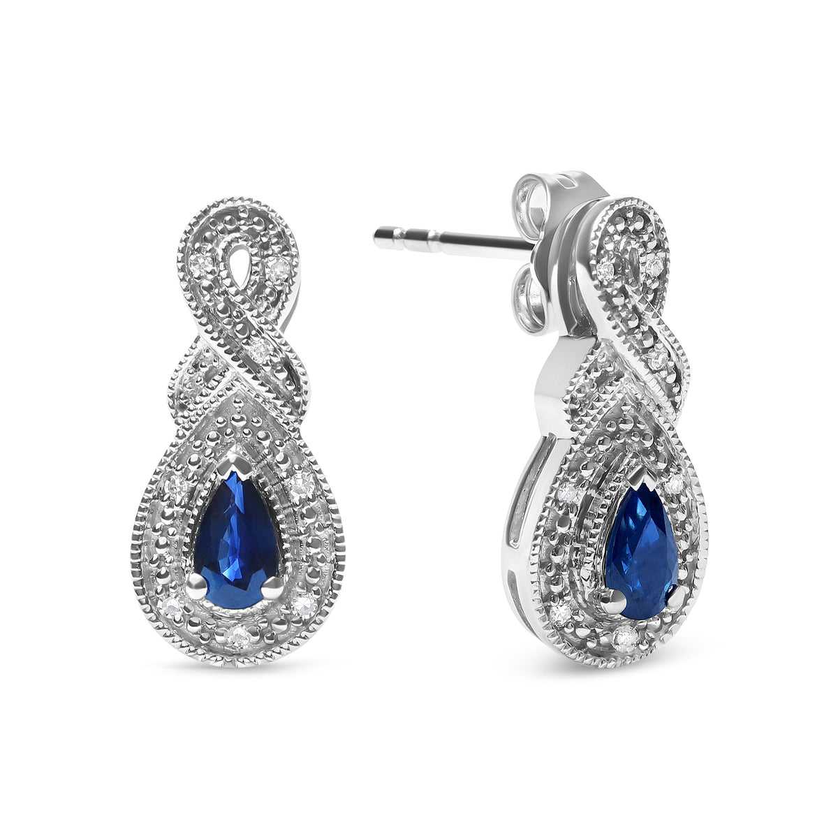 Pendientes de gota de plata de ley .925 con gema de zafiro en forma de pera de 4.5 x 3 mm y acento de diamante de infinito (color H-I, claridad SI1-SI2)