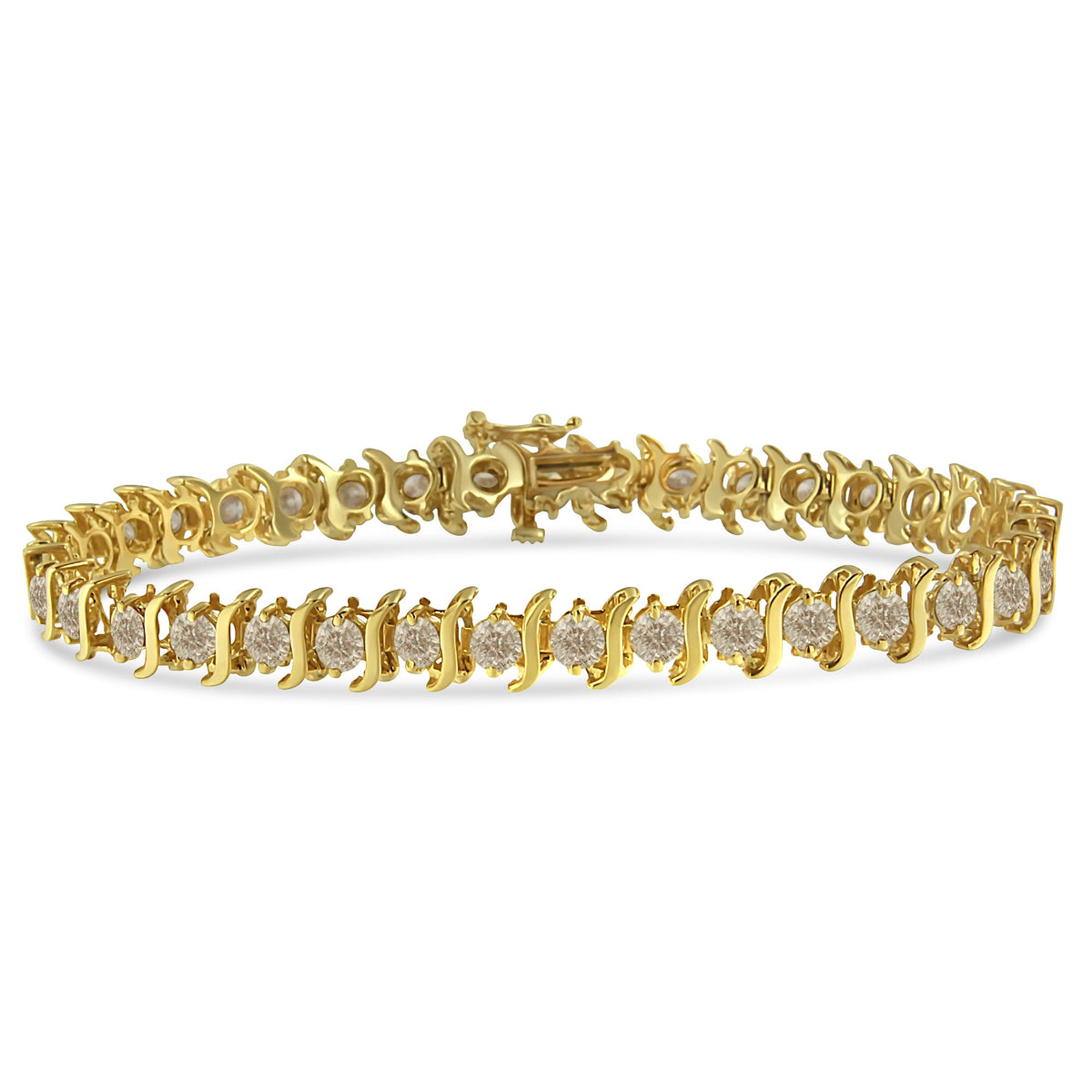 Pulsera de eslabones en "S" con diamantes redondos de talla brillante de 7,0 quilates engastados en 2 puntas, en plata de ley 925 chapada en oro amarillo de 10K (color J-K, claridad I1-I2) - 7"