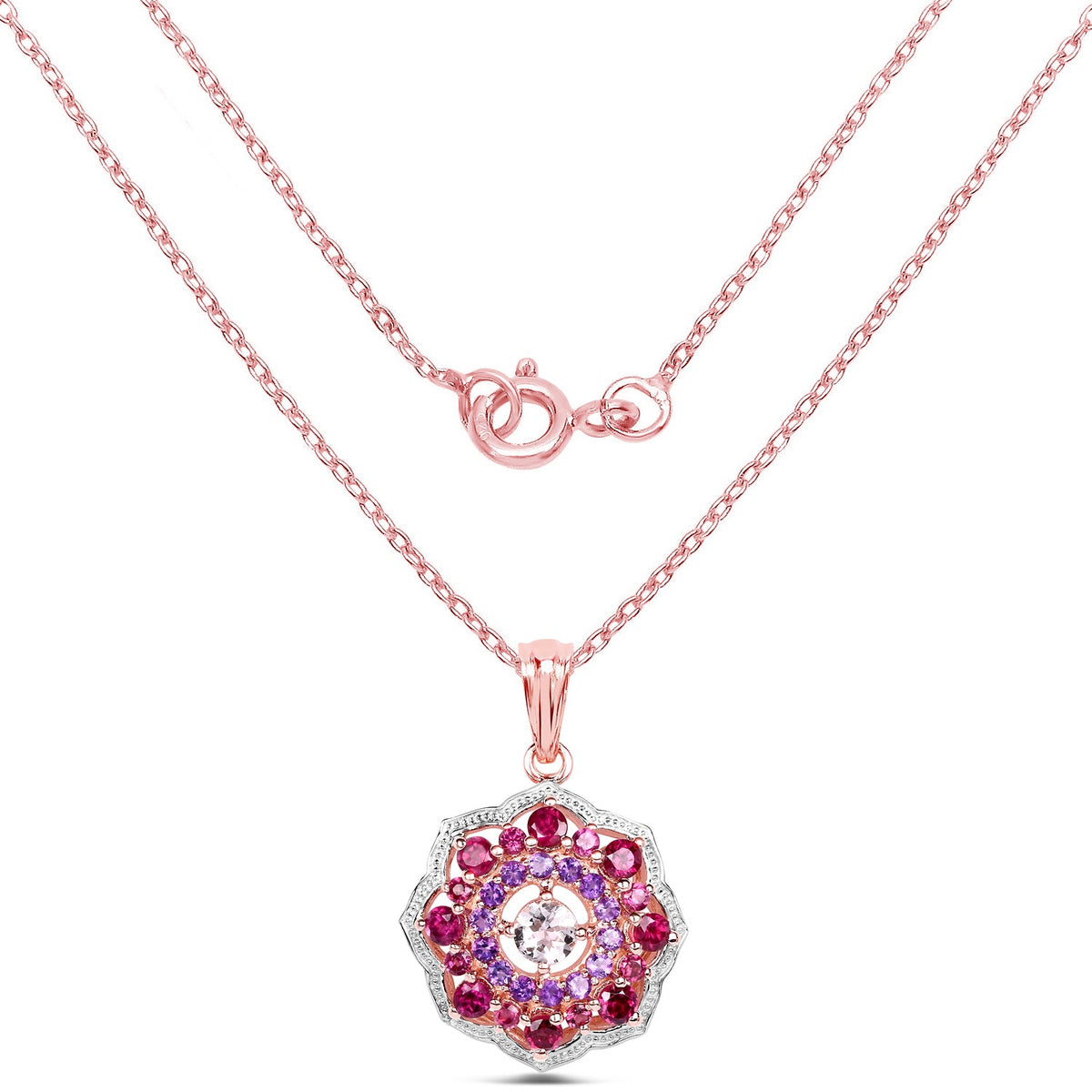 Colgante de plata de ley 925 con baño de oro rosa de 14 quilates, morganita, rodolita y amatista auténticas de 2,30 quilates