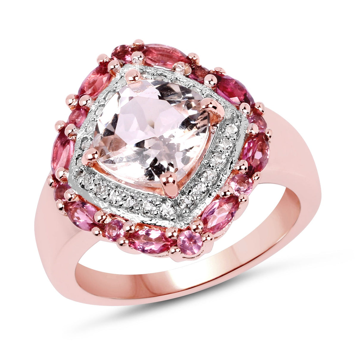 Anillo de plata de ley .925 chapado en oro rosa de 14 quilates con morganita auténtica de 3,11 quilates, turmalina rosa y topacio blanco