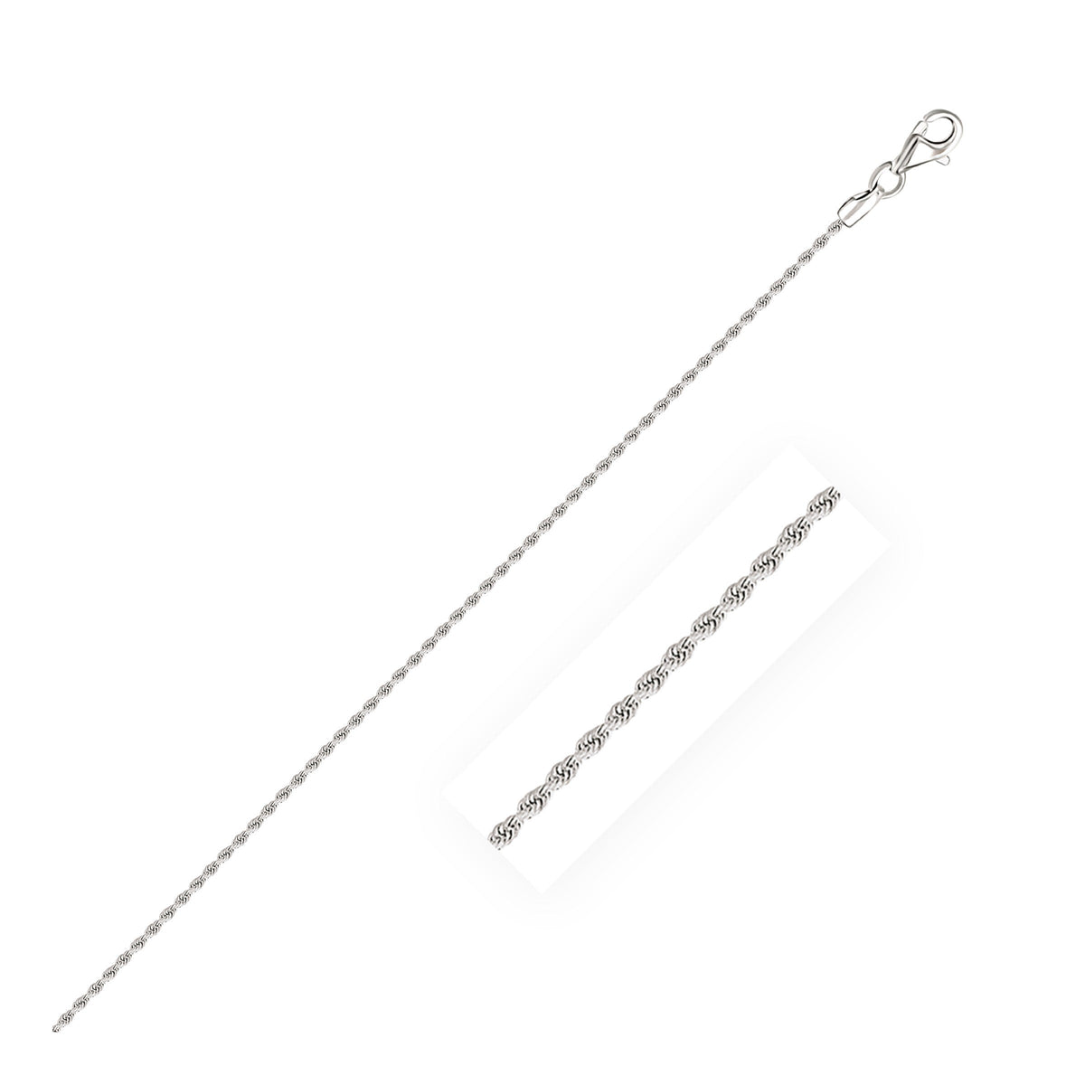 Cadena de cuerda maciza de oro blanco de 10k con corte de diamante de 1.5mm