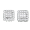 14K White Gold 1.0 Cttw Round Brilliant & Princess Cut Diamond Scallop-Edge Framed Square Halo Stud Earrings (G-H Color, SI1-SI2 Clarity)