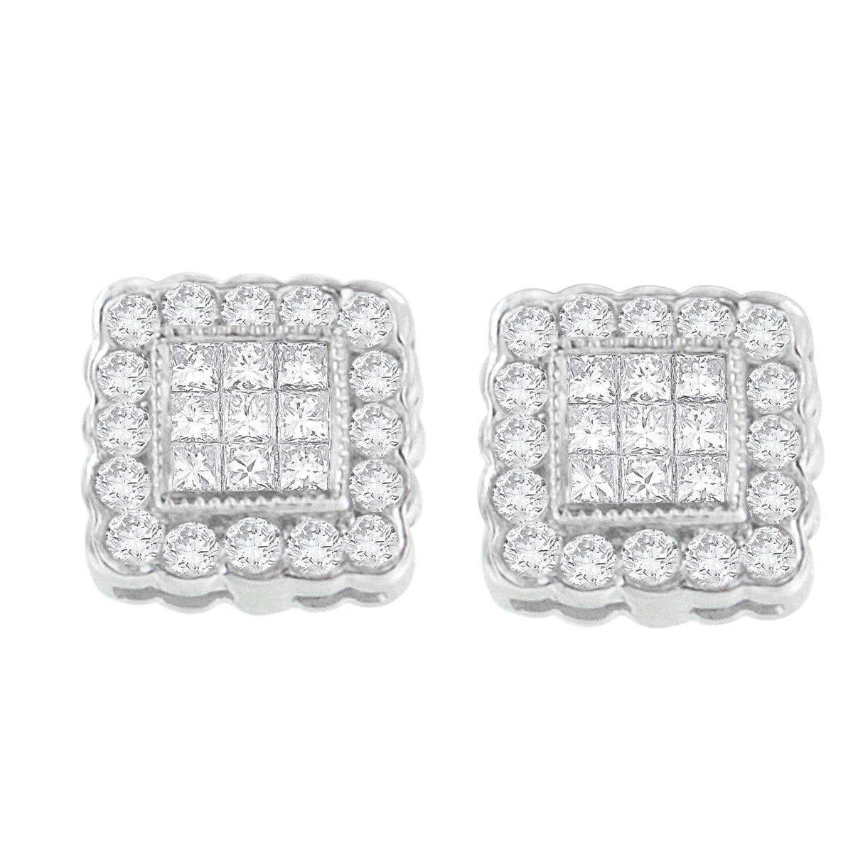 Pendientes de tuerca tipo halo cuadrado con borde festoneado de oro blanco de 14 quilates con diamantes de talla brillante redonda y princesa de 1,0 quilates (color G-H, claridad SI1-SI2)